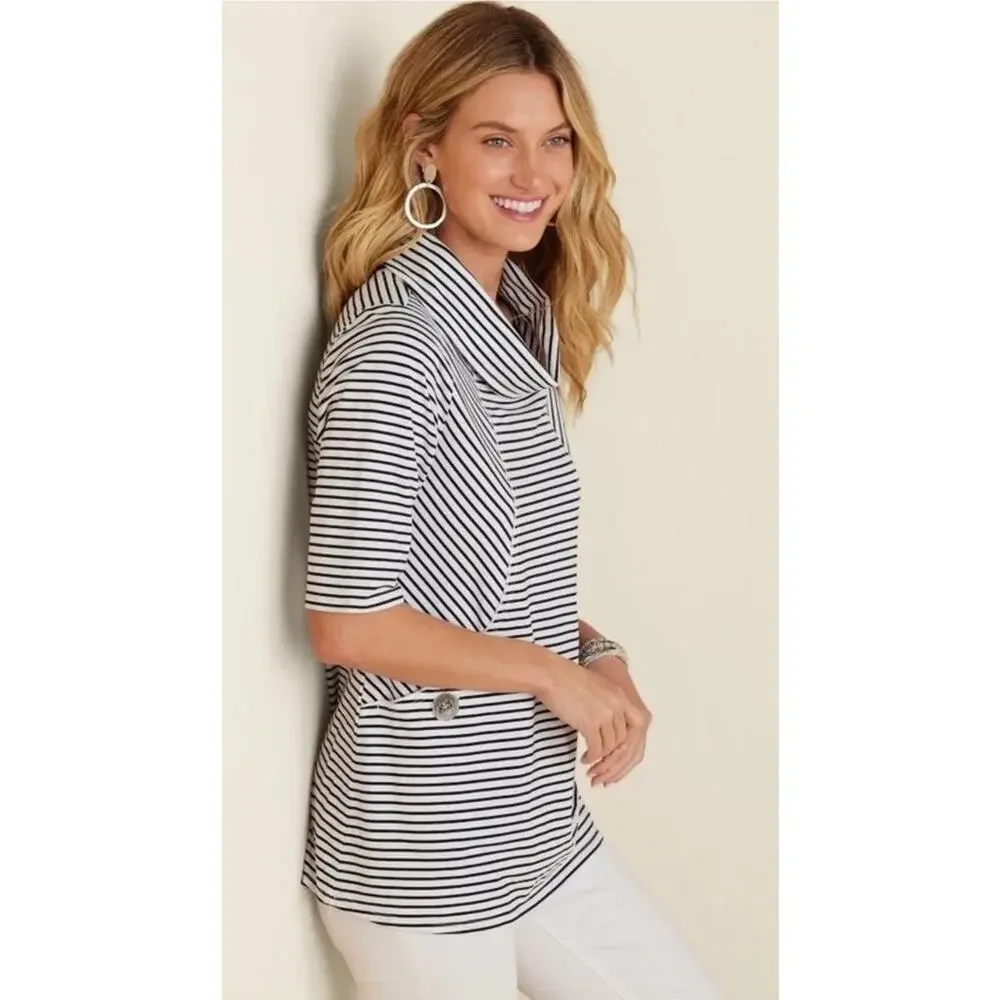 Soft Surroundings Promenade Large Tunic Striped Pockets Blk & White Coastal Prep